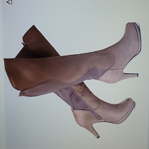 KATLIU khaki tan suede knee high stiletto boots pointed toe slouchy 7.5 …NEW